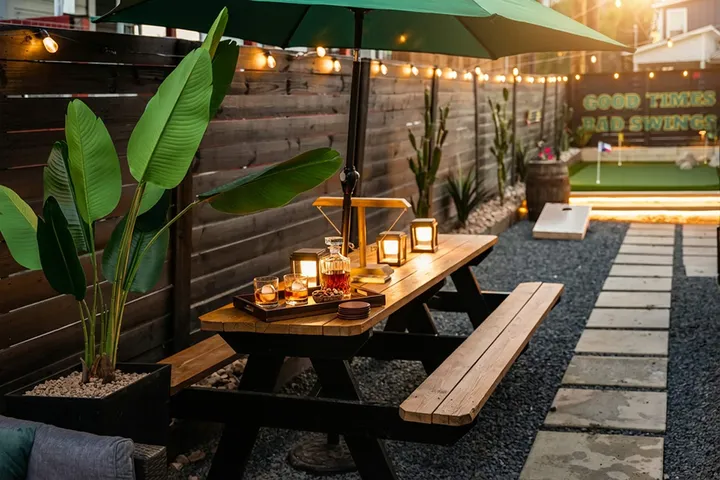 Outdoor dining table with lanterns