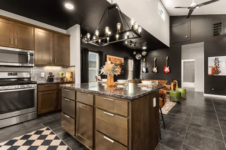 Fully stocked kitchen with checkered floor